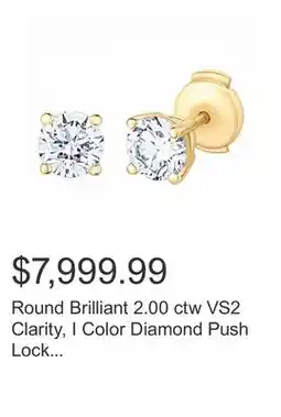 Costco Round Brilliant 2.00 ctw VS2 Clarity, I Color Diamond Push Lock Stud Earrings offer
