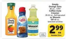Vons Simply Orange Juice 46 oz., Coffee-mate Creamer 28-32 oz., Refrigerated or Wesson Oil 40 oz offer