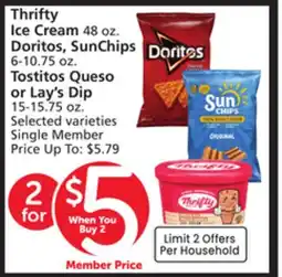 Vons Thrifty Ice Cream 48 oz. Doritos, SunChips 6-10.75 oz. Tostitos Queso or Lay's Dip 15-15.75 oz offer