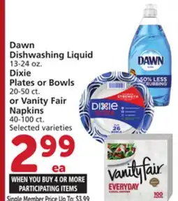 Vons Dawn Dishwashing Liquid 13-24 oz. Dixie Plates or Bowls 20-50 ct. or Vanity Fair Napkins 40-100 ct offer
