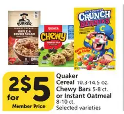 Vons Quaker Cereal 10.3-14.5 oz. Chewy Bars 5-8 ct. or Instant Oatmeal 8-10 ct offer