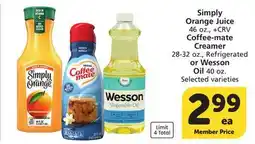 Albertsons Simply Orange Juice 46 oz., Coffee-mate Creamer 28-32 oz., Refrigerated or Wesson Oil 40 oz offer