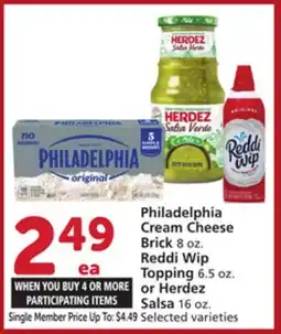 Albertsons Philadelphia Cream Cheese Brick 8 oz. Reddi Wip Topping 6.5 oz. or Herdez Salsa 16 oz offer