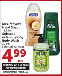 Albertsons Mrs. Meyer's Hand Soap 12.5 oz. Softsoap or Irish Spring Body Wash 20 oz offer