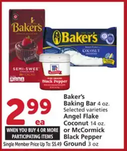 Albertsons Baker's Baking Bar 4 oz. Angel Flake Coconut 14 oz. or McCormick Black Pepper Ground 3 oz offer