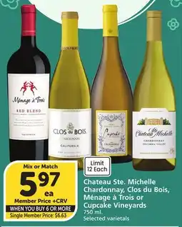 Albertsons Chateau Ste. Michelle Chardonnay, Clos du Bois, Ménage à Trois or Cupcake Vineyards offer