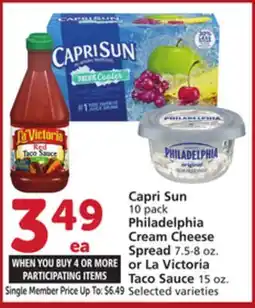 Albertsons Capri Sun 10 pack Philadelphia Cream Cheese Spread 7.5-8 oz. or La Victoria Taco Sauce 15 oz offer