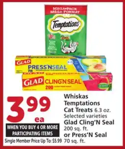 Albertsons Whiskas Temptations Cat Treats 6.3 oz. Glad Cling'N Seal 200 sq. ft. or Press'N Seal 70 sq. ft offer
