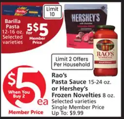 Albertsons Rao's Pasta Sauce 15-24 oz. or Hershey's Frozen Novelties 8 oz offer