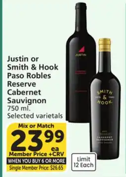 Albertsons Justin or Smith & Hook Paso Robles Reserve Cabernet Sauvignon offer