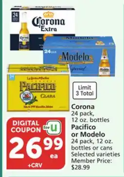 Albertsons Corona 24 pack, 12 oz. bottles Pacifico or Modelo 24 pack, 12 oz. bottles or cans offer