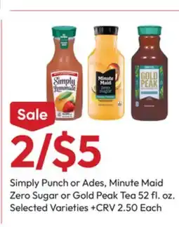 Stater Bros Simply Punch or Ades, Minute Maid Zero Sugar or Gold Peak Tea offer