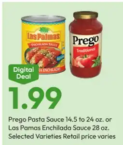 Stater Bros Prego Pasta Sauce 14.5 to 24 oz. or Las Pamas Enchilada Sauce 28 oz offer