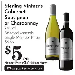 Pavilions Sterling Vintner's Cabernet Sauvignon or Chardonnay offer