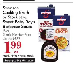 Pavilions Swanson Cooking Broth or Stock 32 oz. Sweet Baby Ray's Barbecue Sauce 18 oz offer