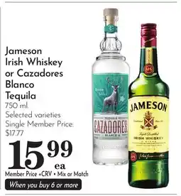Pavilions Jameson Irish Whiskey or Cazadores Blanco Tequila offer
