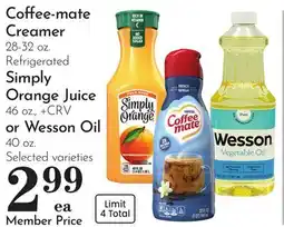Pavilions Coffee-mate Creamer 28-32 oz., Refrigerated Simply Orange Juice 46 oz., + CRV or Wesson Oil 40 oz offer