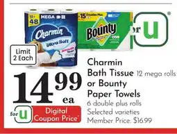 Pavilions Charmin Bath Tissue 12 mega rolls or Bounty Paper Towels 6 double plus rolls offer