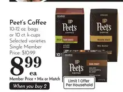 Pavilions Peet's Coffee 10-12 oz. bags or 10 ct. k-cups offer