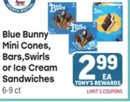 Tony’s Fresh Market Blue Bunny Mini Cones, Bars, Swirls or Ice Cream Sandwiches offer