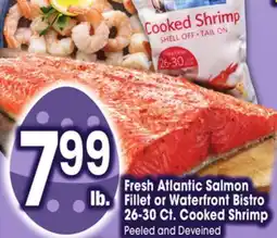 Jewel-Osco Fresh Atlantic Salmon Fillet or Waterfront Bistro 26-30 Ct. Cooked Shrimp offer