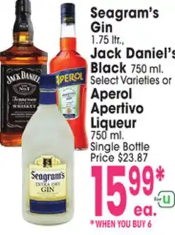 Jewel-Osco Seagram's Gin, 1.75 ltr, Jack Daniel's Black, 750 ml, Select Varieties or Aperol Apertivo Liqueur offer