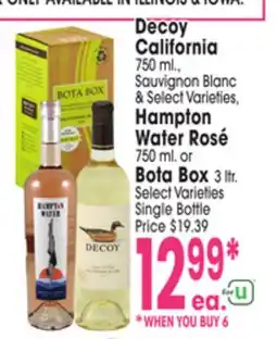 Jewel-Osco Decoy California 750 ml. Sauvignon Blanc & Hampton Water Rosé 750 ml. or Bota Box 3 ltr offer