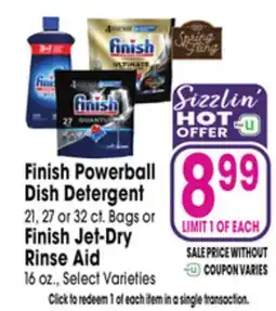 Jewel-Osco Finish Powerball Dish Detergent 21, 27 or 32 ct. Bags or Finish Jet-Dry Rinse Aid 16 oz offer