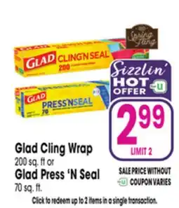 Jewel-Osco Glad Cling Wrap 200 sq. ft or Glad Press'N Seal 70 sq. ft offer