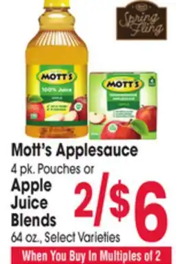 Jewel-Osco Mott's Applesauce, 4 pk Pouches or Apple Juice Blends, 64 oz offer