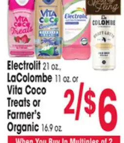 Jewel-Osco Electrolit 21 oz., LaColombe 11 oz. or Vita Coco Treats or Farmer's Organic 16.9 oz offer