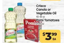 Tony’s Fresh Market Crisco Canola or Vegetable Oil 40-48 oz Pomi Tomatoes 26.46 oz offer