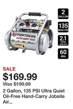 Harbor Freight Tools 2 Gallon, 135 PSI Ultra Quiet Oil-Free Hand-Carry Jobsite Air Compressor offer