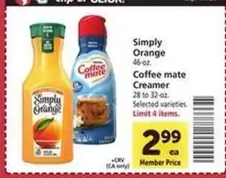Safeway Simply Orange / Coffee mate Creamer offer