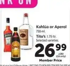 Safeway Kahlúa or Aperol / Tito's offer