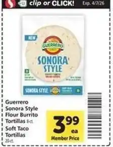 Safeway Guerrero Sonora Style Flour Burrito Tortillas offer