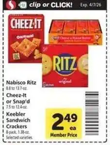 Safeway Nabisco Ritz, Cheez-it or Snap'd, Keebler Sandwich Crackers offer