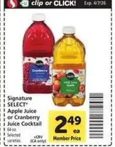 Safeway Signature SELECT Apple Juice or Cranberry Juice Cocktail offer