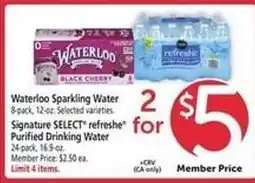 Safeway Waterloo Sparkling Water & Signature SELECT refreshe Purified Drinking Water offer