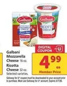 Safeway Galbani Mozzarella Cheese offer