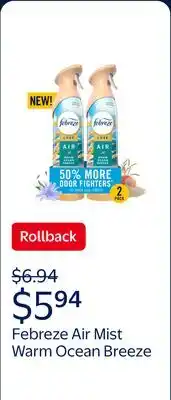 Walmart Febreze Air Mist Air Freshener Spray, Warm Ocean Breeze offer