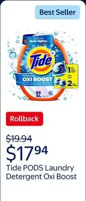 Walmart Tide PODS Laundry Detergent Pacs, Oxi Boost Power PODS with Stain Remover and Oxi Power offer