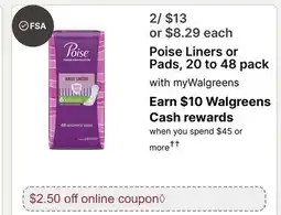 Walgreens Poise Liners or Pads, 20 to offer