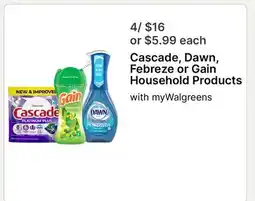 Walgreens Cascade, Dawn, Febreze or Gain Household Products offer