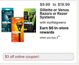 Walgreens Gillette or Venus Razors or Razor Systems offer