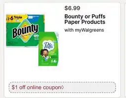 Walgreens Bounty or Puffs Paper Products offer