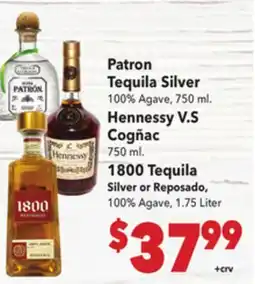 Vallarta Supermarkets Patron Tequila Silver, Hennessy V.S Cogñac or 1800 Tequila Silver or Reposado offer