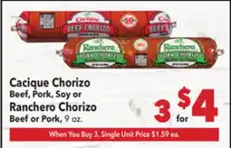 Vallarta Supermarkets Cacique Chorizo Beef, Pork, Soy or Ranchero Chorizo Beef or Pork offer