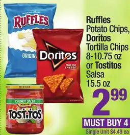 Super King Markets Ruffles Potato Chips, Doritos Tortilla Chips 8-10.75 oz or Tostitos Salsa 15.5 oz offer