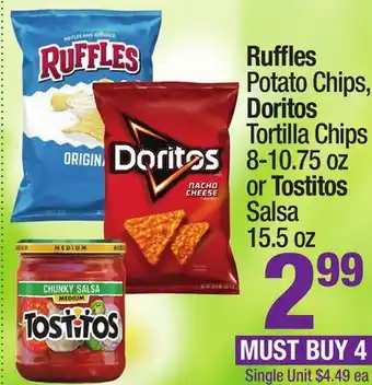 Super King Markets Ruffles Potato Chips, Doritos Tortilla Chips 8-10.75 oz or Tostitos Salsa 15.5 oz offer